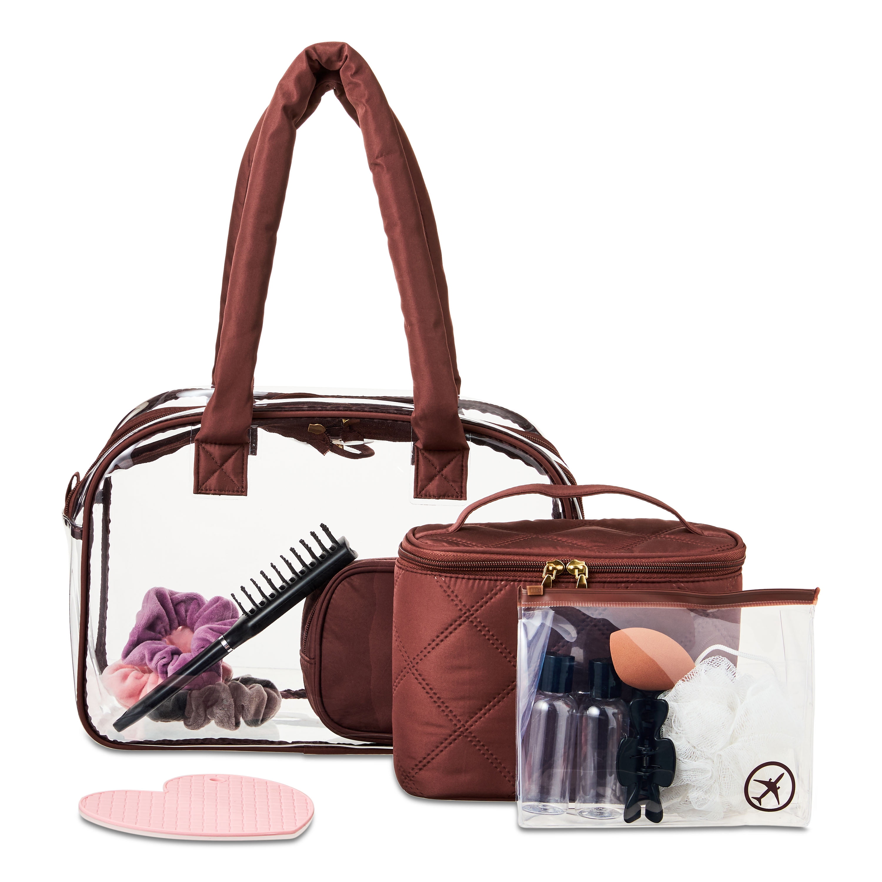 Walmart Puffy Handle Getaway Travel Bag with Essentials, Clear and Mocha, 10 Piece
