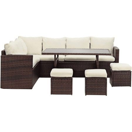 Superjoe 7 Pcs Outdoor Conversation Set All Weather Wicker Sectional Sofa Set Dining Table Chair and Ottoman Steel Frame Ivory