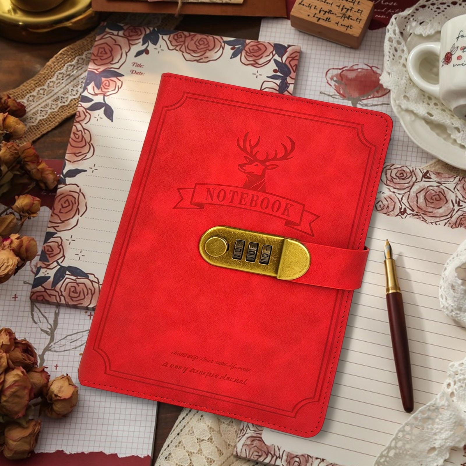 Lock Diary, Vintage Lock Journal, Refillable Personal Locking Diary, for Daily Writing and Recording Privacy Protection Red