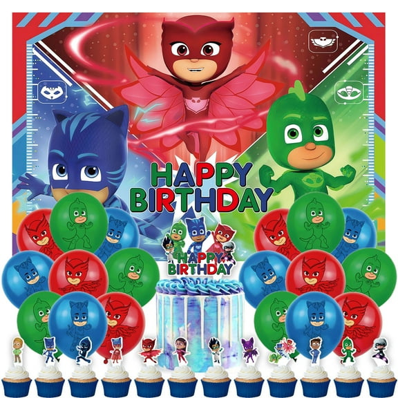32 Pcs For PJ Masks Party Decoration Set – Includes Backdrop, 18 Balloons, and 13 Cupcake Toppers for Themed Celebrations
