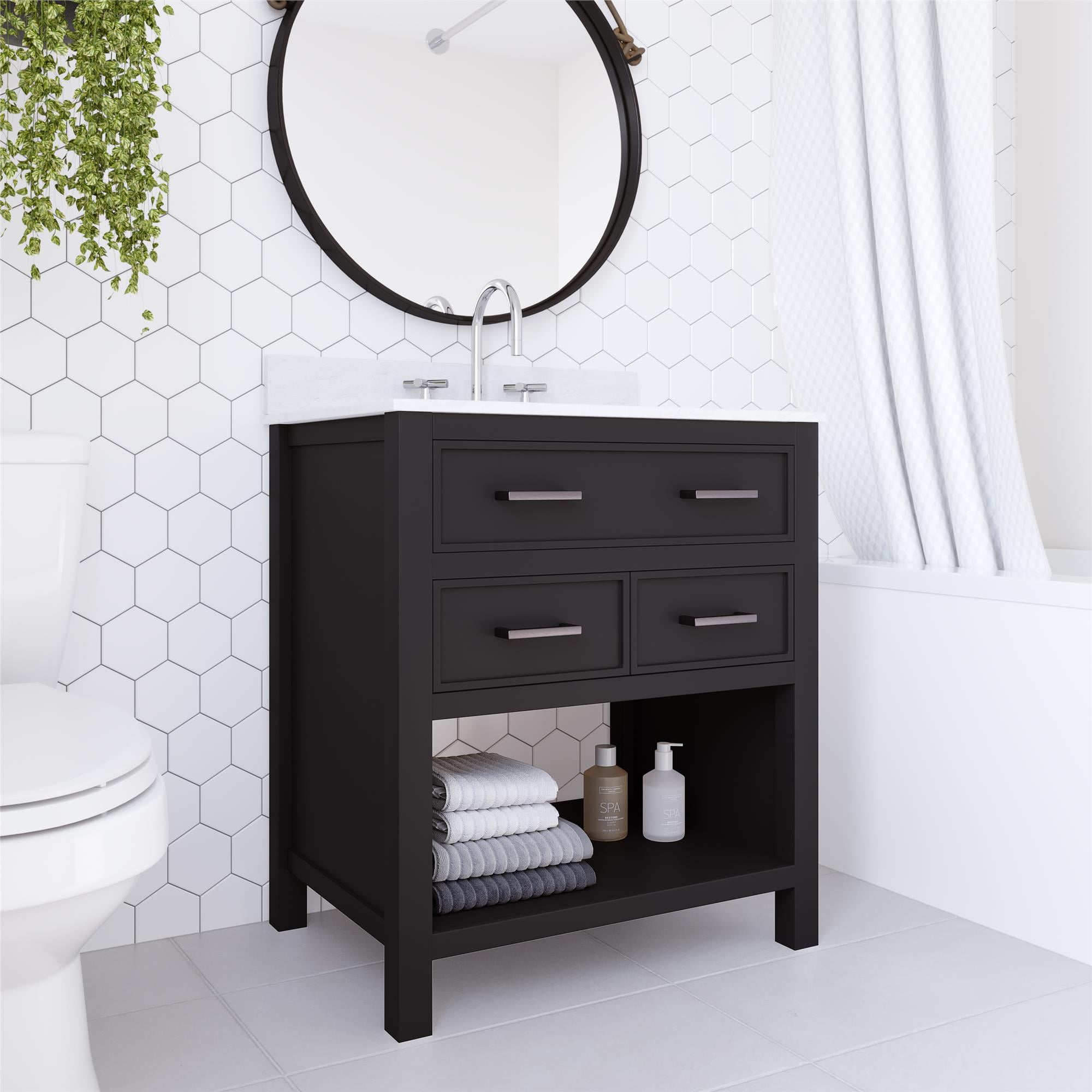 DHP Maine 30 Inch Bathroom Vanity with Carrera Countertop and Rectangular  Ceramic Sink, Black/Dark Pewter 