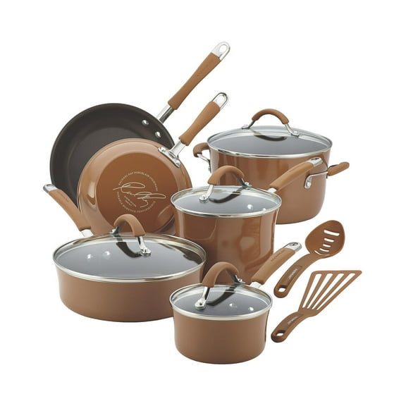 Rachael Ray Cucina Nonstick Cookware Pots and Pans Set, 12-Piece, Mushroom Brown