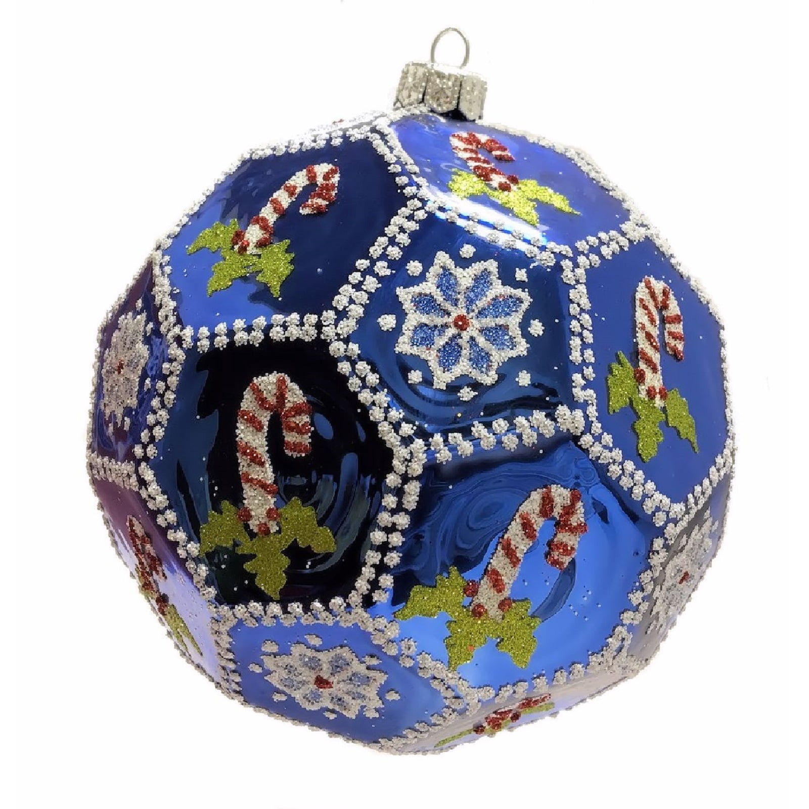 Large Blue Candy Cane Snowflake Polyhedron Ball Polish Glass Christmas