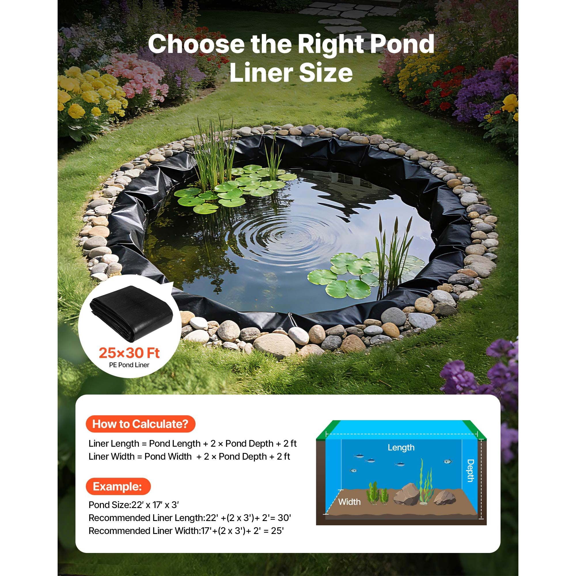 25 x 30 ft Pond Liner, 14 Mil Thickness, 3-Layer Reinforced PE Fish Koi Pond Liner for Outdoor Ponds, with Hemmed Edge and 4 Metal Buttonholes, for Water Garden, Waterfall, and Fountains, Black