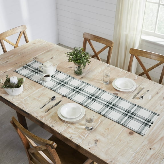 VHC Brands Christmas Decorations for Dining Room Kitchen Table Runner - Harper Plaid Green White Runner Fringed 12x60