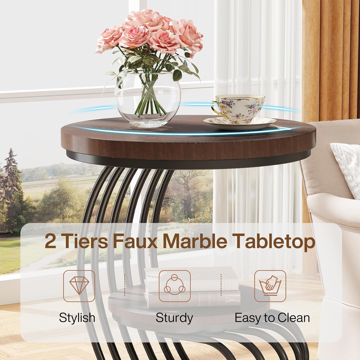 Tribesigns Round End Side Table, Side Table with 2 Tiers Storage Shelves, Vintage End Table for Living Room