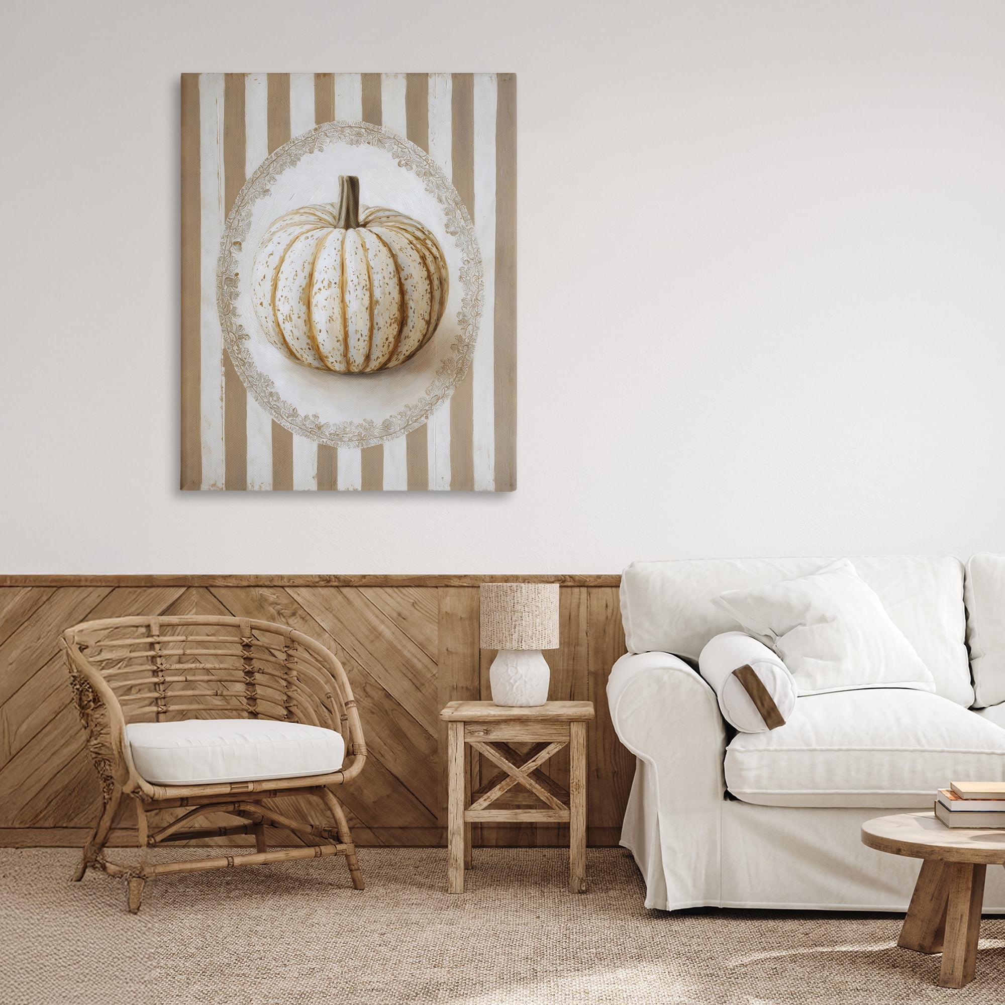 Beige Stripes Pumpkin Canvas Wall Art, design by Arlington Prints