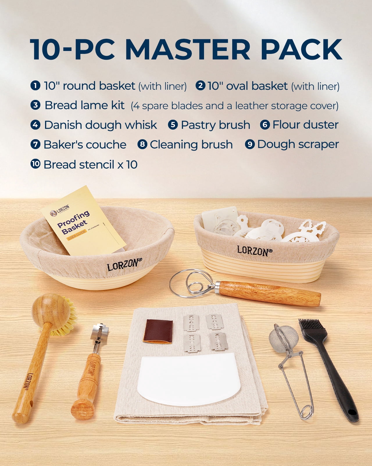 Banneton Proofing Basket Set of 2, 10 Inch Round & Oval Cane Bread Proofing Baskets with Sourdough Bread Baking Supplies, Bread Making Kit