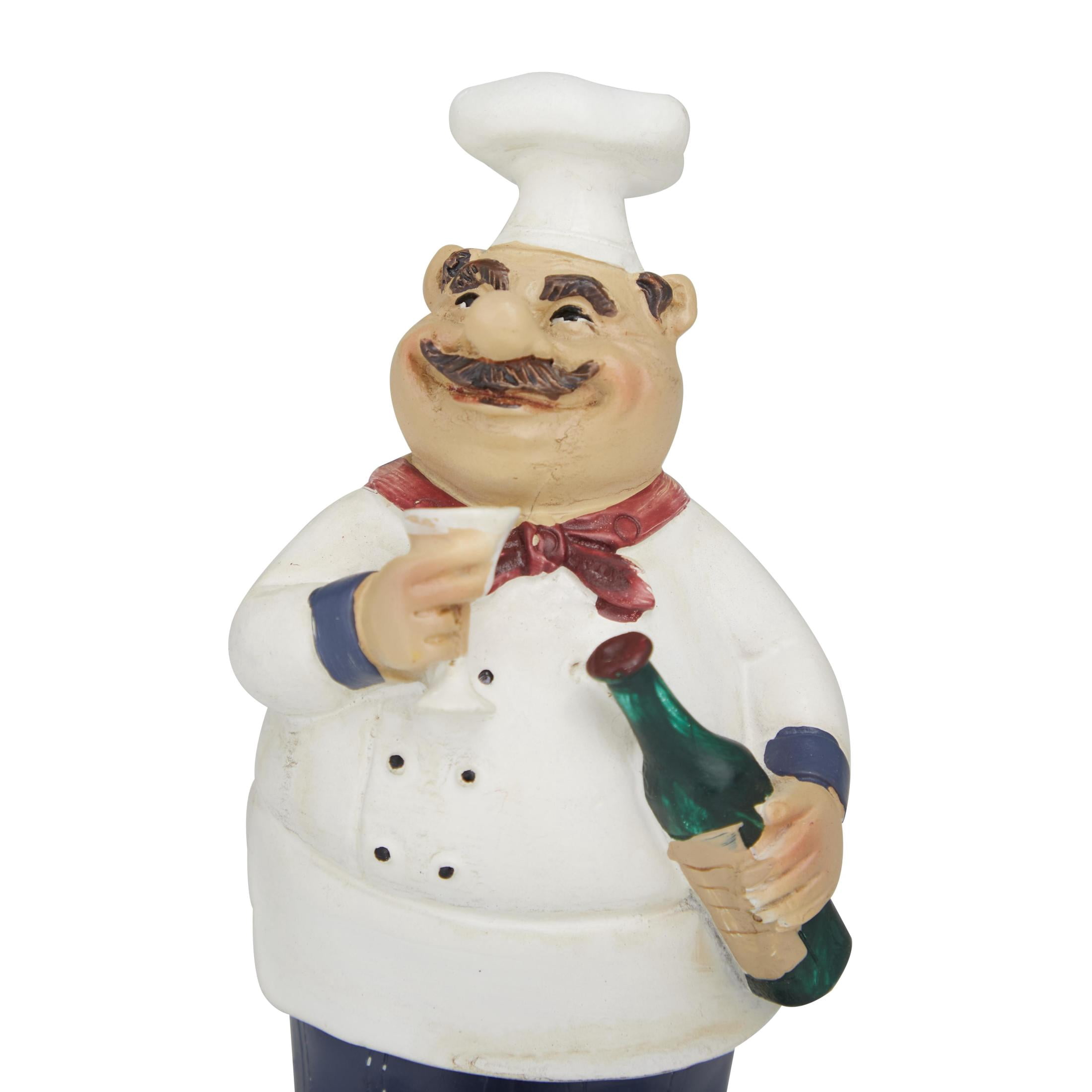 DecMode Polystone Traditional Small-Sized Italian Chef Sculptures 3"W x 5"H, Features a White Chef on a top of a Mason Jar Platform and Two Chefs Hugging Wine Bottles