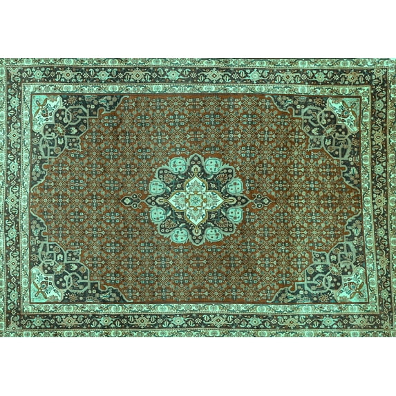 Ahgly Company Indoor Rectangle Medallion Turquoise Blue Traditional Area Rugs, 7' x 10'