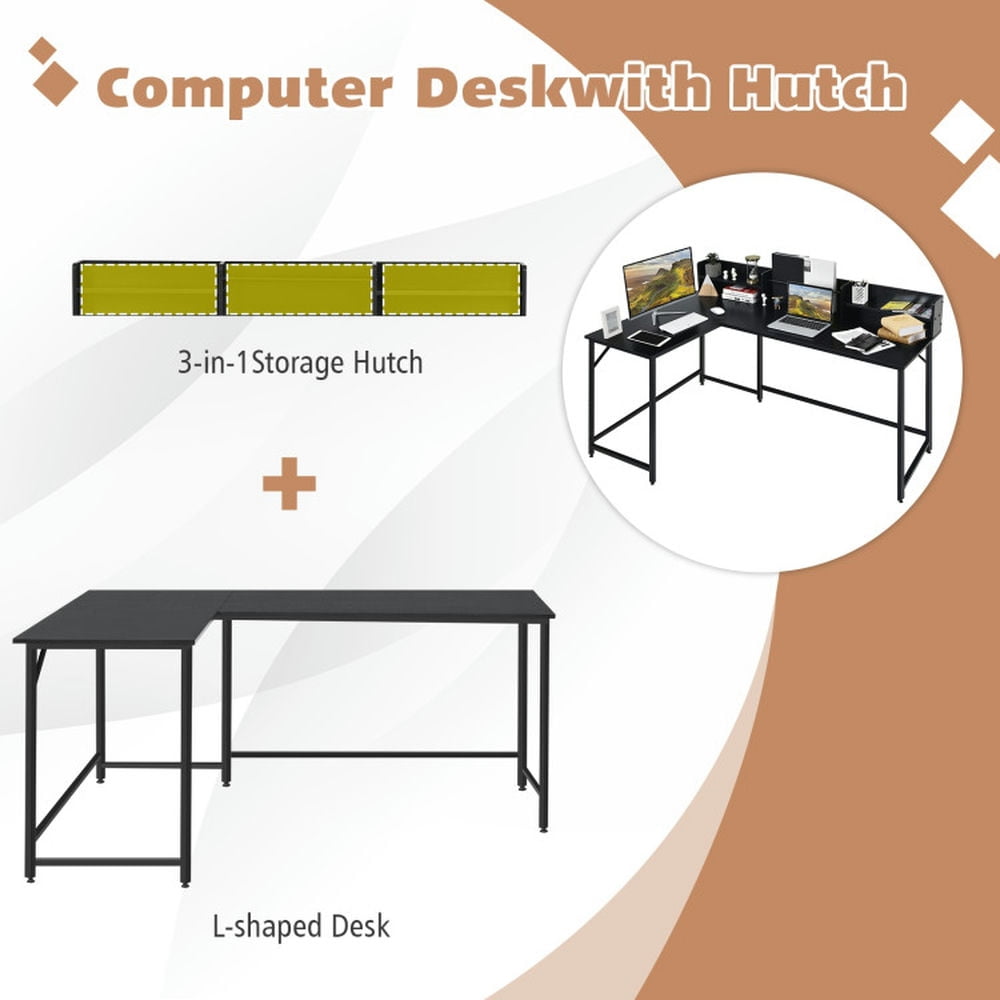 Demi Bonn 5.5" L-shaped Computer Desk with Bookshelf, Small Home Office Desk Study Writing Table, Black