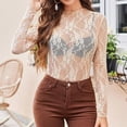 thumbnail image 6 of WULMLEO Women's Lace Long Sleeve Tops, Mock Neck Sheer Mesh Top, See Through Floral Lace Tops, Party Club Night Blouse Shirts Beige L, 6 of 7