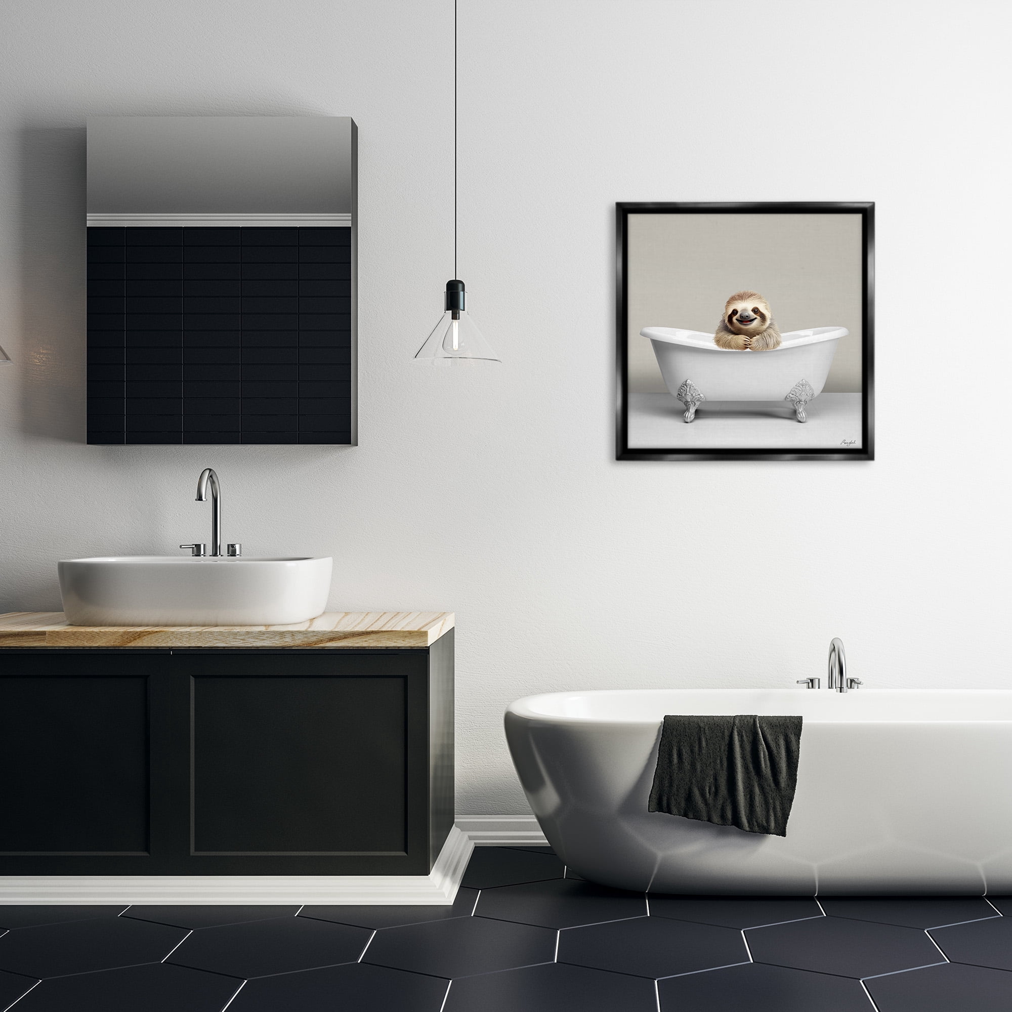 Stupell Industries Happy Sloth in Bathtub Animals & Insects Painting Black Floater Framed Canvas Art Print Wall Art, 25 x 25