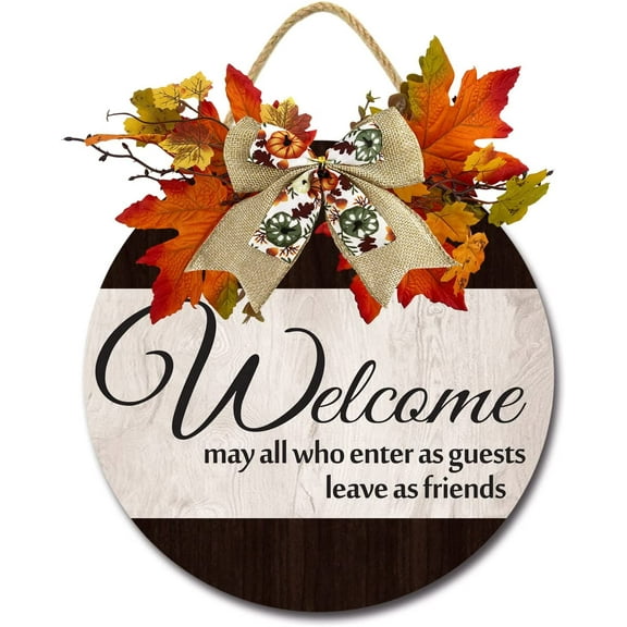 Eveokoki 12" Welcome Sign for Front Door Farmhouse Porch Rustic Round Wooden Hanging Wreaths for Housewarming Gift Festival Maple Leaves Decoration Outdoor Indoor Wall Decor