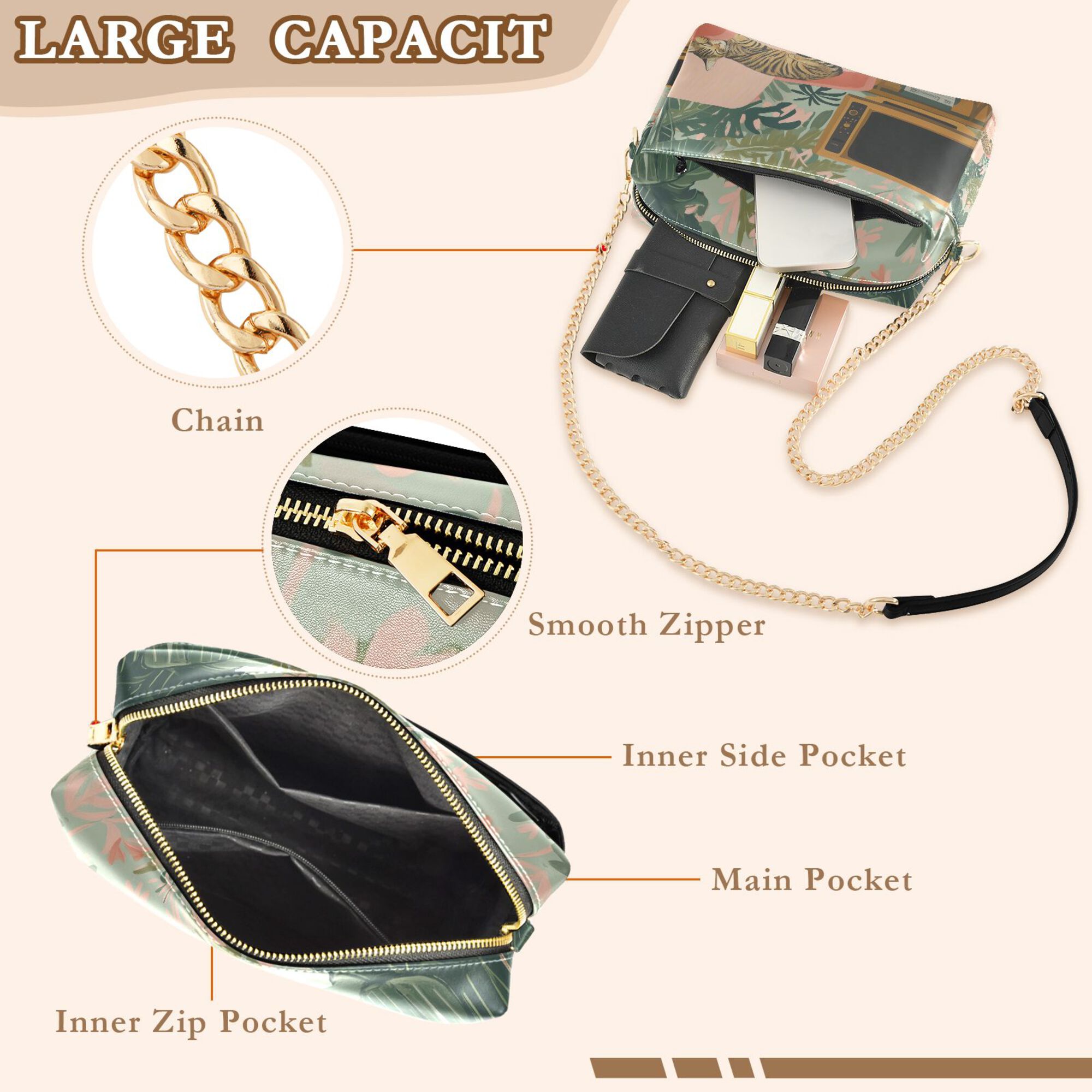 FORMRS Women Crossbody Purse with Chain Strap Vegan Leather Shoulder Handbag, Pink and Green Cat