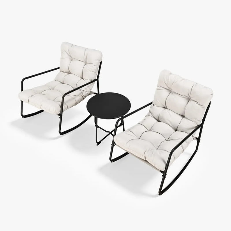 3-Piece Indoor & Outdoor Universal Rocking Chairs Set of 2 with 1 Side Table, Glider Rocking Recliner Chair with Cushion