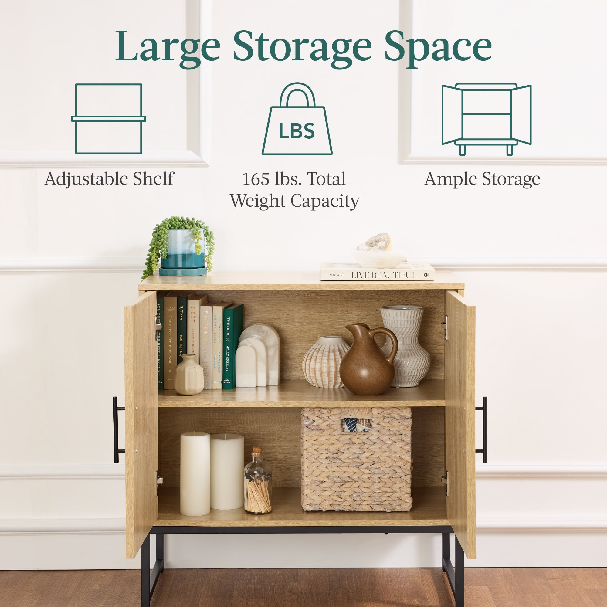 Best Choice Products 2-Door Slatted   Storage Cabinet, Accent Furniture w/ Non-Scratch Foot Pads - Natural