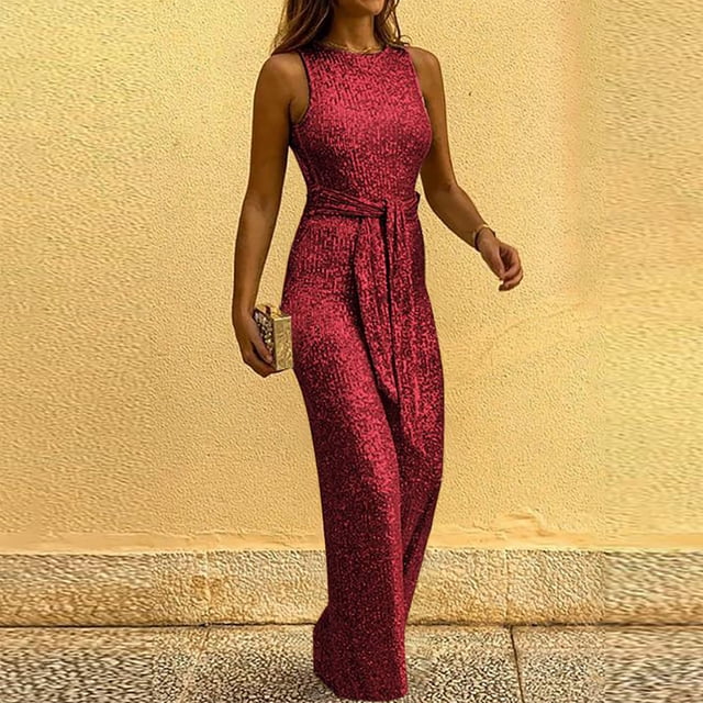 Weiqiqre Rompers for Women Sparkly Maxi Dress V Neck High Slit Wrap Formal Solid Color Backless V-Neck Sleeveless Jumpsuit