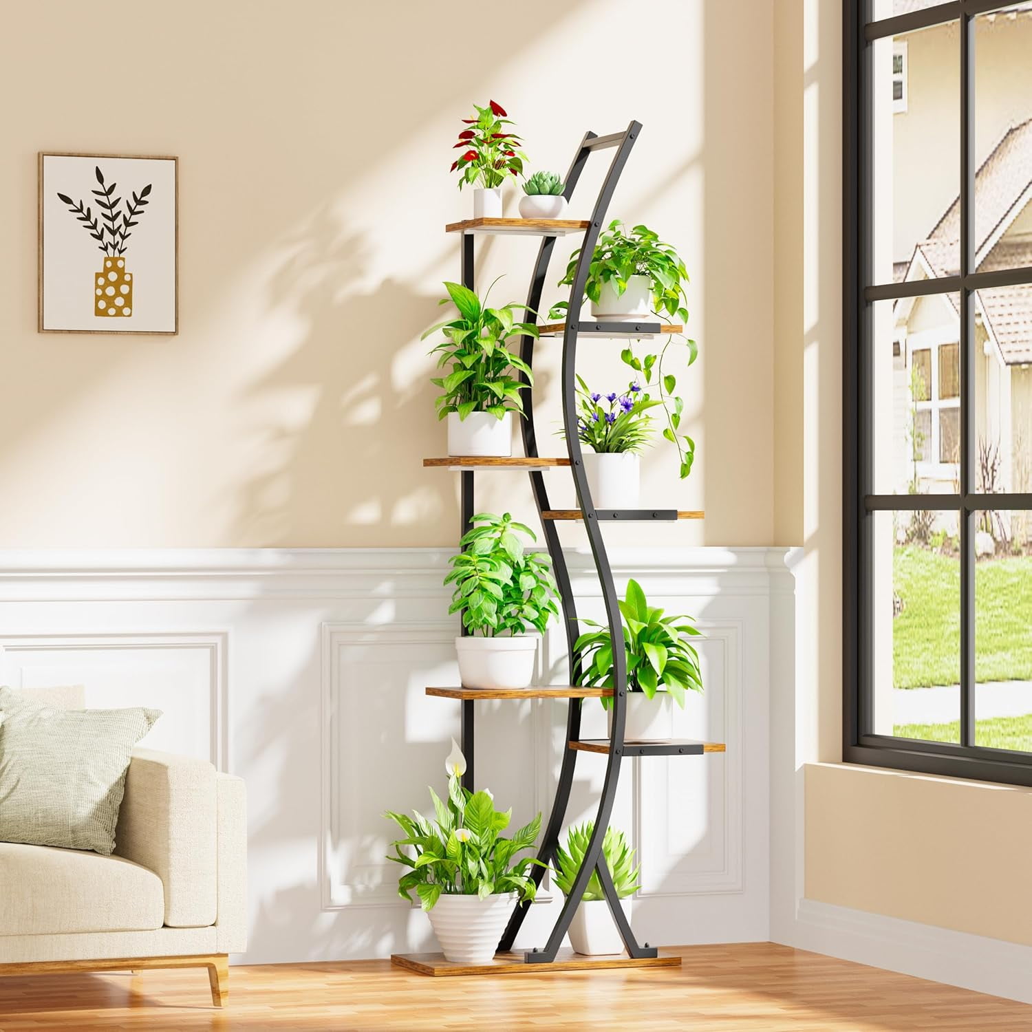 7-Tier 62" Indoor Plant Stand with Grow Lights – Tall Metal & Wooden Corner Shelf, Large S-Shaped Flower Rack for Multiple Plants, Home, Patio, Garden
