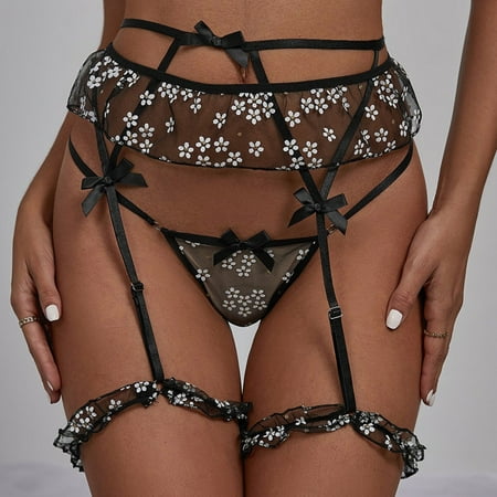 

〖TOTO〗Intimates For Women Black Lace Garter Belt Thong Set Pajamas Lingerie