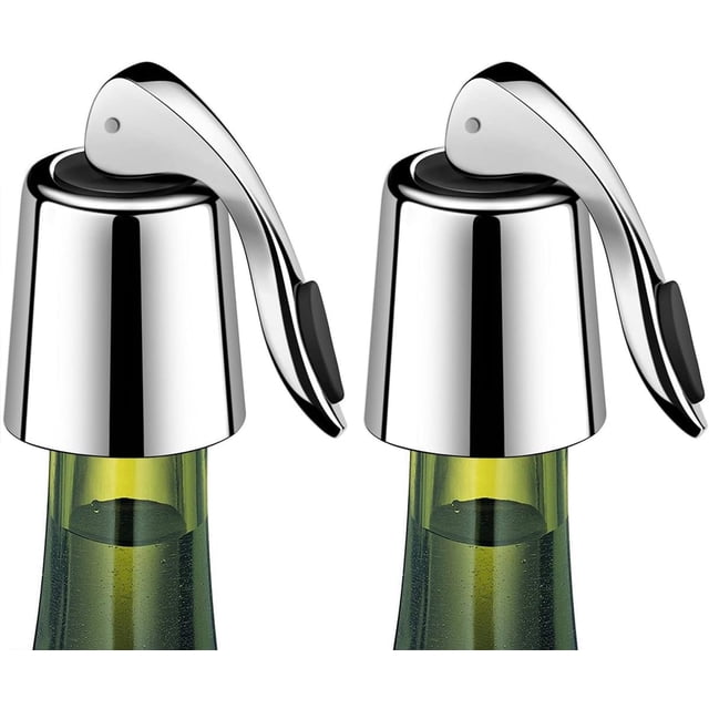 Juego de 2 tapones de vino - Tapón de botella de vino de acero inoxidable con sello de silicona, conservante de bebidas reutilizable, conservador de frescura