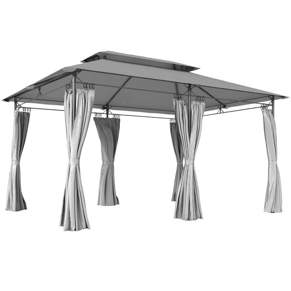 Outsunny Pavillon de Terrasse à Double Toit 10 Pieds x 13 Pieds avec Rideaux, Gris Foncé