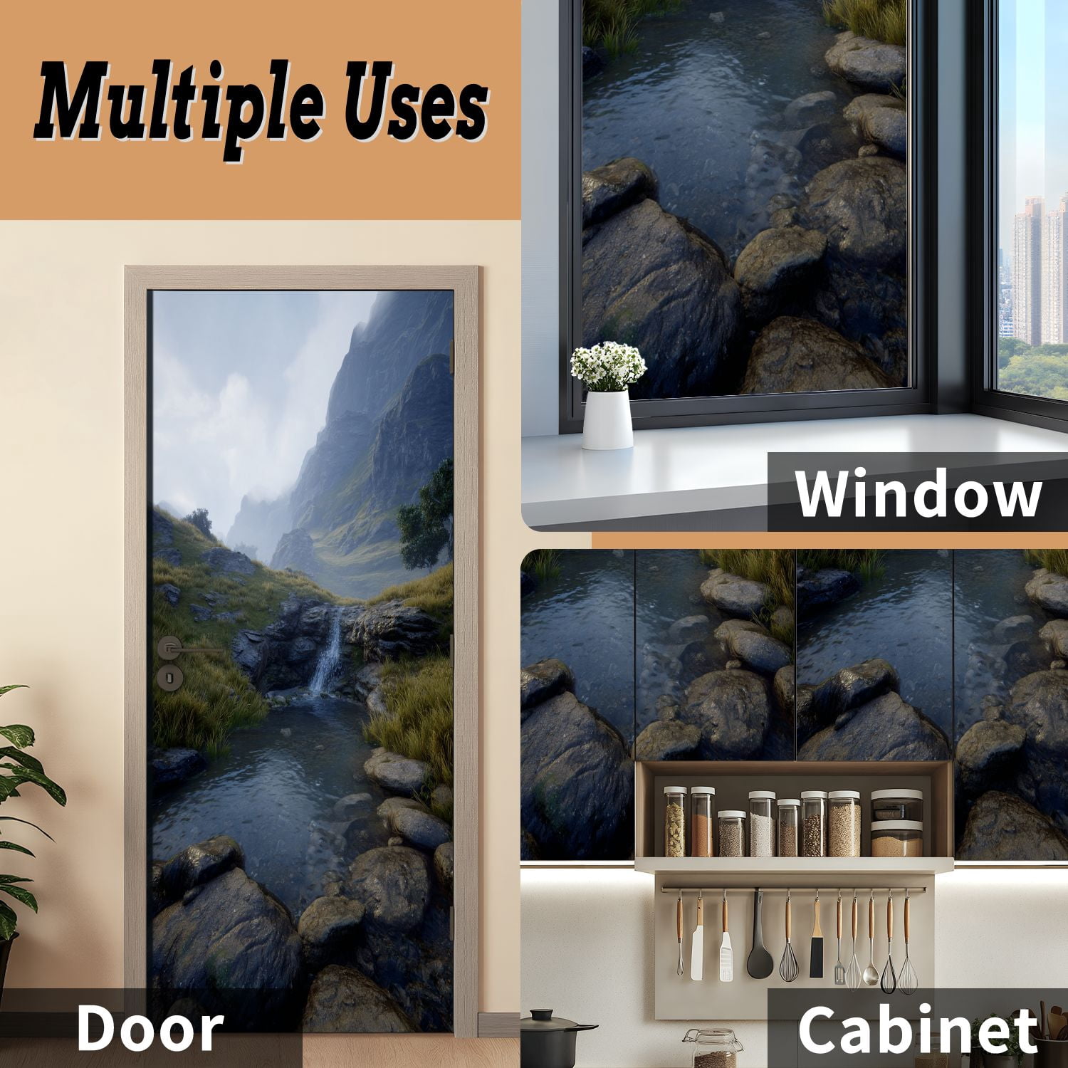 Self Adhesive Vinyl Refrigerator Wrap Set Fairy Pools Glen Brittle Isle Skye Scotland UK Door Mural Removable Fridge Sticker Peel and Stick&nbsp;Full Door Cover Decal Kitchen Bar Decor
