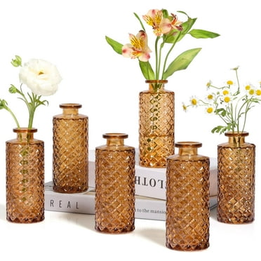 Glass Bud Vases Set of 6, Small Diamond Bud Vases in Bulk, Mini Flowers Vases for Centerpieces, Vintage Bottle for Table Decorations, Wedding Decor, Recepetion, Home, (Amber)