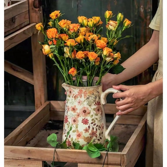 Retro Rustic Large Ceramic Vase with Handle Distred Farmhouse Pitcher for Home Ideal Shelf Decor Colorful Daisy Floral Vase for Living Room Bedroom Office Table Centerpiece Decorations 9 Inch