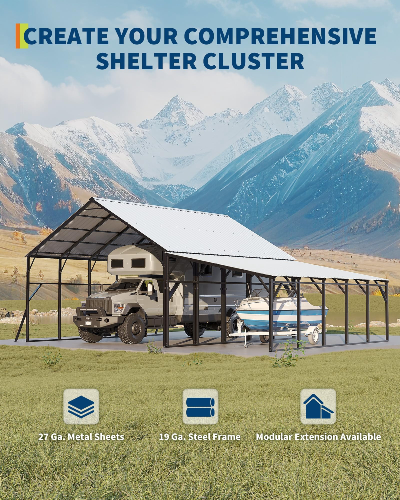 12x25 ft Lean-to Metal Carport, Vertical Roof Wall-Mounted Car Port for Snow Shedding, Heavy-Duty 19-Ga. Steel Frame, 107" to 78" Height for Long-Bed Pickup & SUV