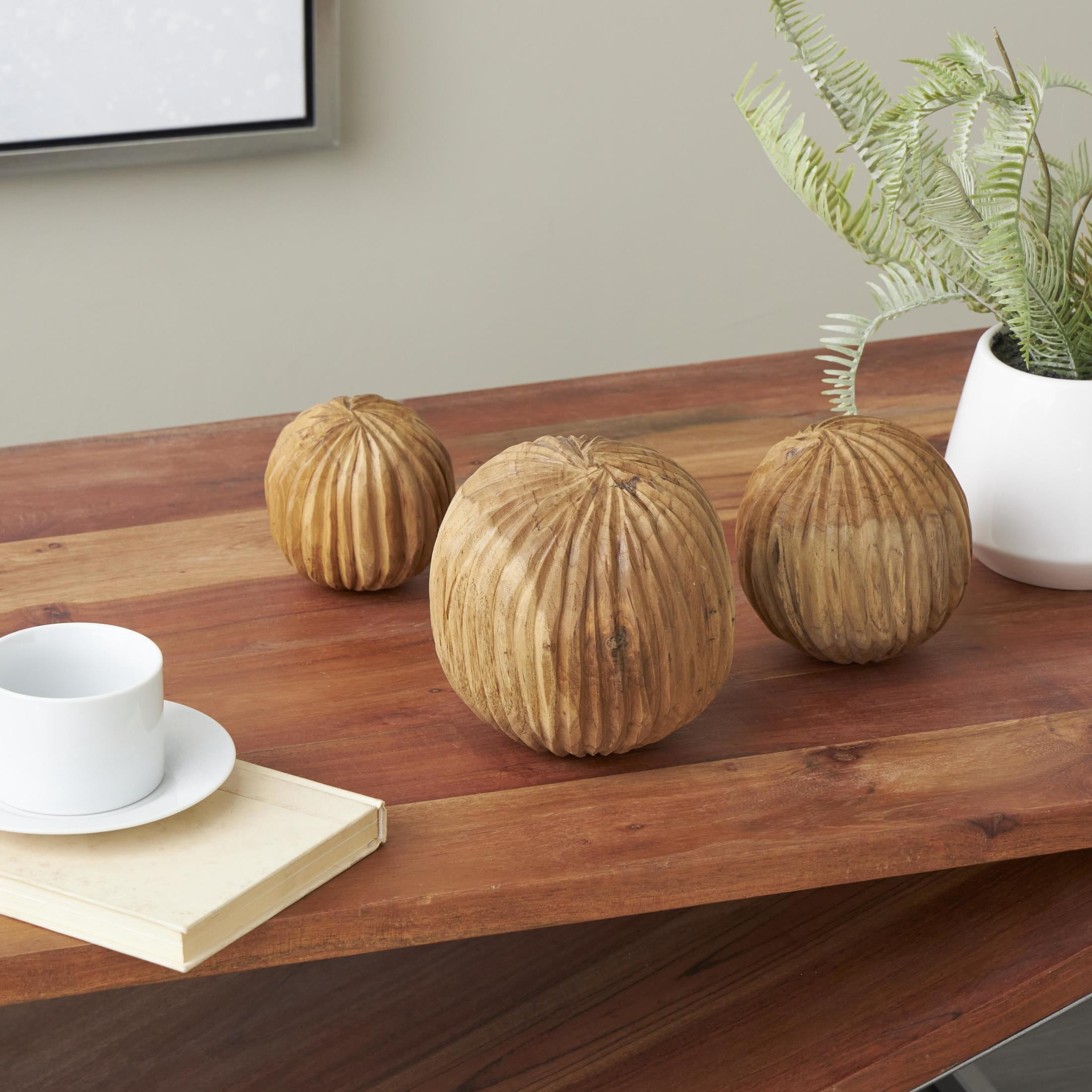 DecMode Brown 6" Handmade Carved Textured Teak Wood Orbs & Vase Filler with Wavy Ridges (3 Count)