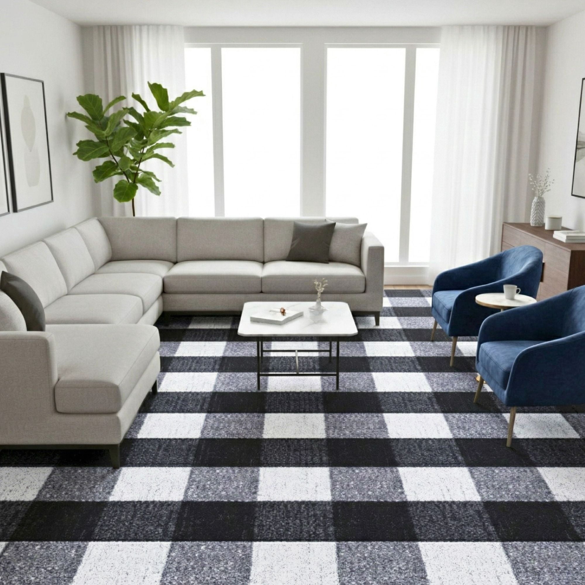 Ottomanson Living Room Area Rug 7'10" x 9' – Non-Slip Low Pile Carpet for Bedroom & Office, Buffalo Plaid Black/White