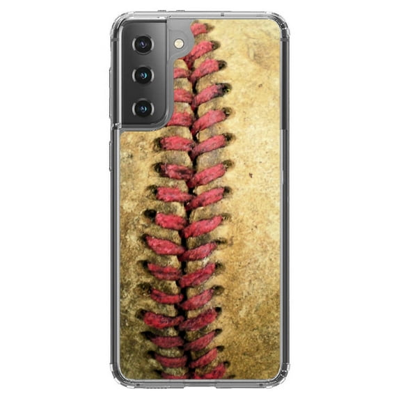 DistinctInk Clear Shockproof Hybrid Case for Galaxy S21  PLUS 5G (6.7" Screen) - TPU Bumper, Acrylic Back, Tempered Glass Screen Protector - Old Baseball Stitch - Show Your Love of Baseball