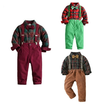 

Christmas Toddler Infant Boys Gentleman Warm Outfits Suits Plaid Bowtie Long Sleeve Shirts Tops + Solid Color Pants Kids Set