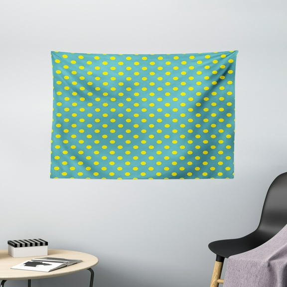 Yellow and Blue Tapestry, Big Vintage Polka Dots Pattern Nostalgic Stylized Spotted Pastel Design, Wall Hanging for Bedroom Living Room Dorm Decor, 60W X 40L Inches, Teal Yellow, by Ambesonne