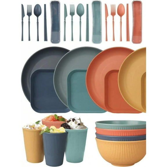 JQDWMDLX 52 Pcs Dinnerware Sets, Unbreakable Plates and Bowls Sets, Reusable Dinnerware Sets for 4 People, Travel Camping Picnic Home Party Cutlery Set, Dishwasher Microwave Safe Dishes