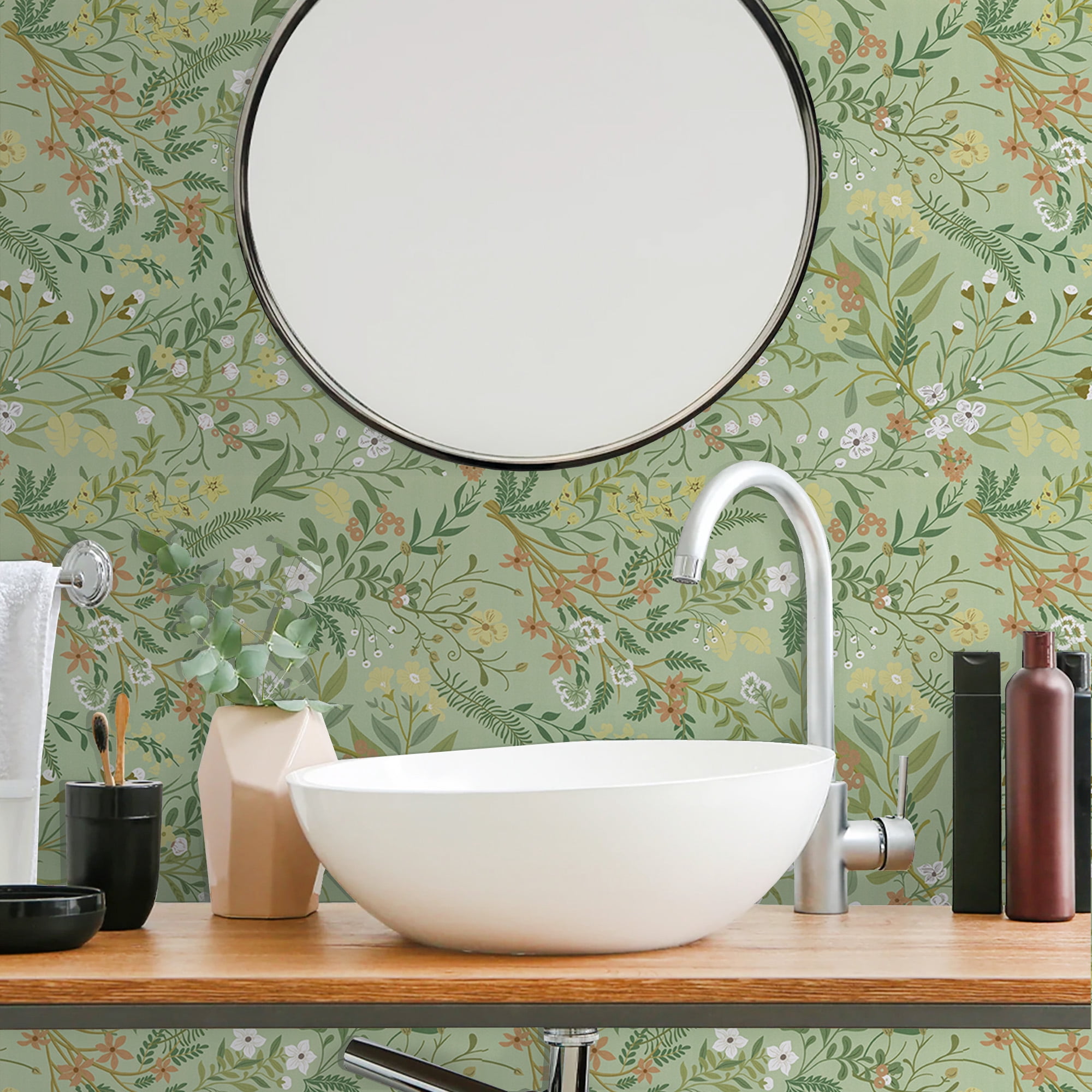 Abyssaly Green Floral Peel and Stick Wallpaper 17.3" × 393.7" Removable Self-Adhesive Green Vinyl Wallpaper for Home Decor