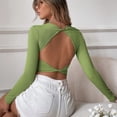 thumbnail image 4 of SWSMCLT Women's Sweater Knit Long Sleeve Crop Top Soft Backless Casual Crewneck Winter Cropped Top Ribbed Green Small, 4 of 4