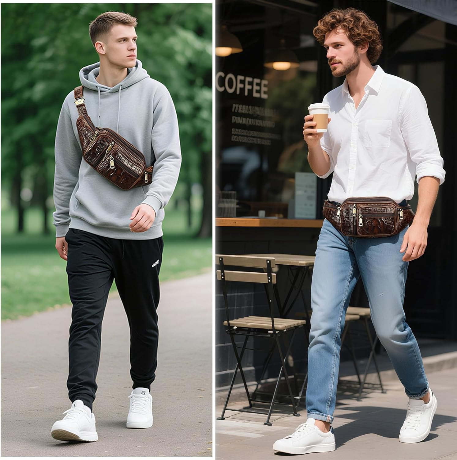 MARRANT Genuine Leather Fanny Pack for Men, Large Capacity Crossbody Waist Bag with Multiple Zipper Pockets, Coffee Croco