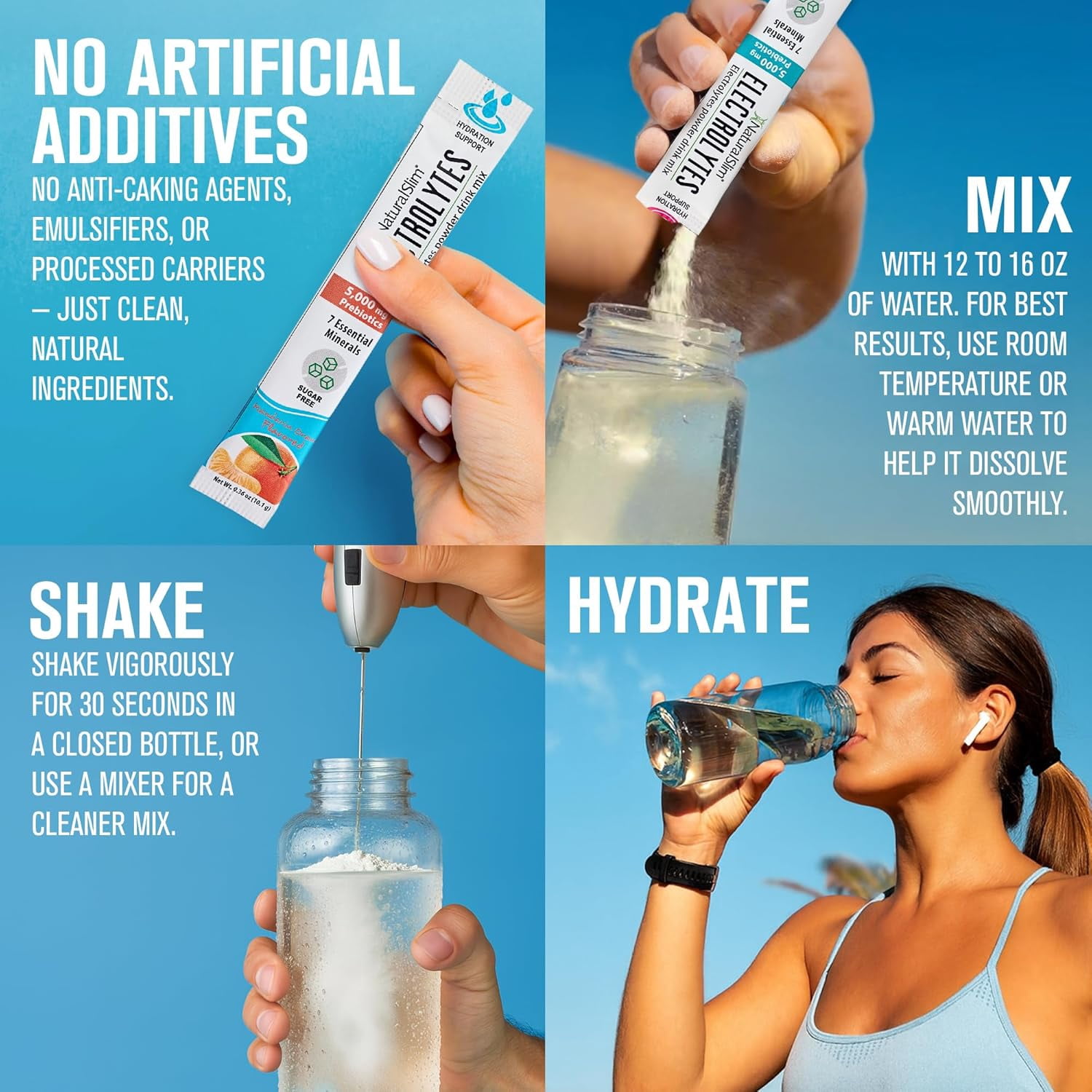 NaturalSlim Electrolytes Powder, Sugar-Free Hydration & Energy Drink Mix with Prebiotics, Mandarin Orange, 16 Stick Packs (5.7 oz)