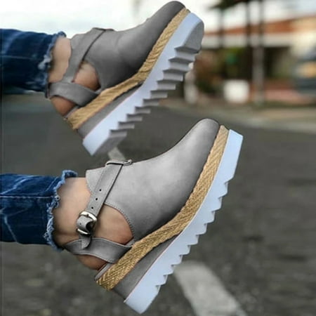 

Ecqkame Women Sandals Vintage Wedge Buckle Strap Straw Thick Bottom Flats Female Shoes Gray 38 Clearance Items