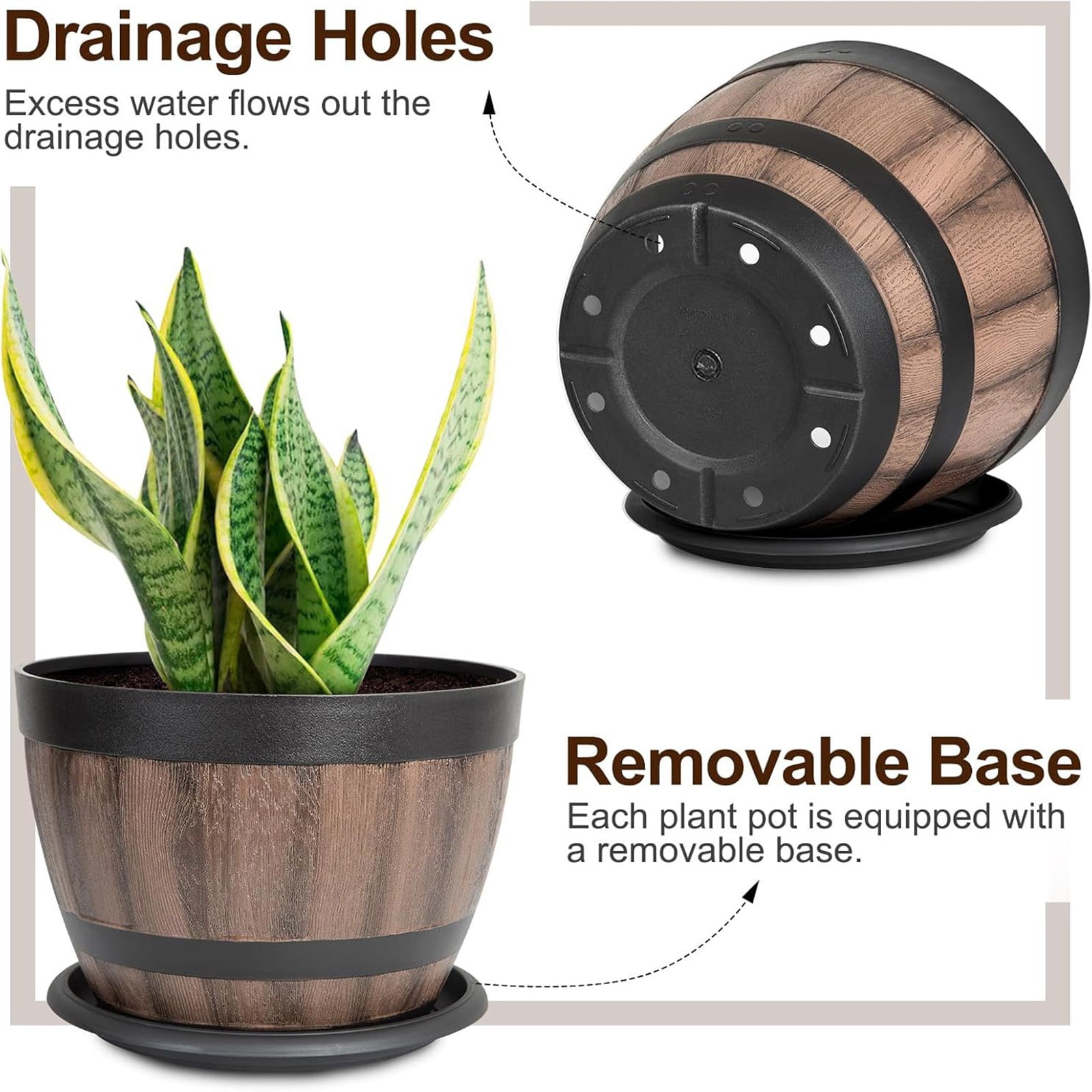 Outdoor Garden Flower Pots, Planters, Balcony Patio Yard, Wood Barrel Style, Lightweight Durable