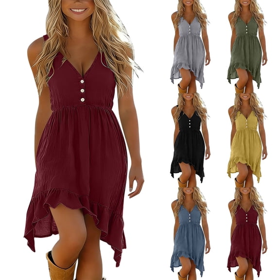 Zpzdpjkx Womens V-Neck Sleeveless Cotton Linen Dress with Irregular Ruffle Hem Casual High-Low A-Line Summer Dresses for Women