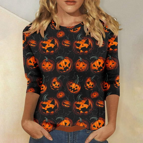 Sriper Halloween 3/4 Sleeve T-Shirts for Women Crew Neck Blouses Elbow Sleeve Cotton Casual Ladies Tops Business Casual Outfits Plus Size Camisetas Mujer Fall Y2K Style Multicolor 2X