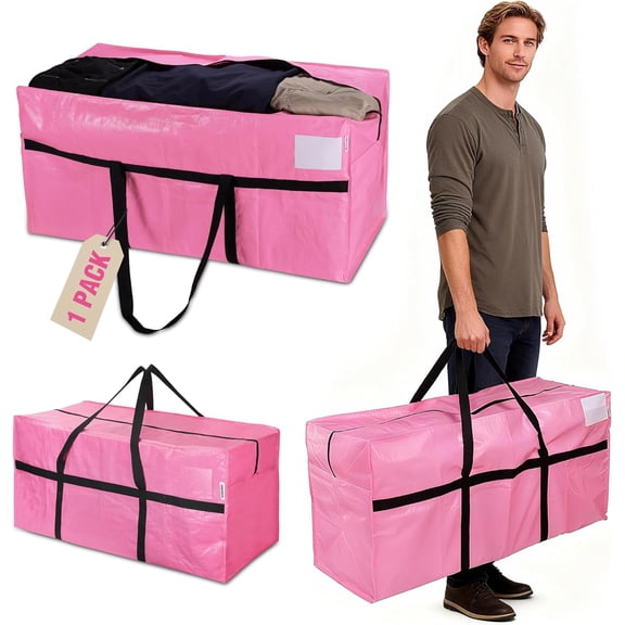 1-Pack 66 Gallon Extra Large Moving Bags with Zippers, Carry Handles, Heavy-Duty, Water-Resistant Storage Totes for & Space-Saving Organization, Pink