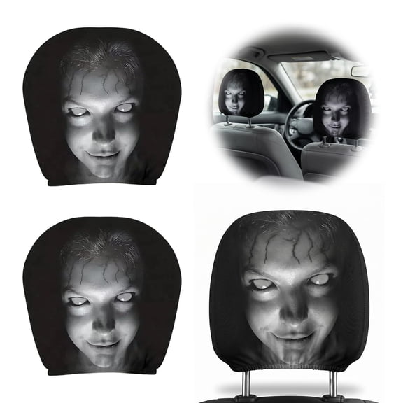 Funny Cartoon Car Headrest Covers ,Ghost Face Headrest Covers,Scary Covers for Cars,Stretchy Seat Headrest Protector,Funny Cover for Auto,Vehicle,Truck, SUV,Washable Elastic Fabric(2pcs-B)