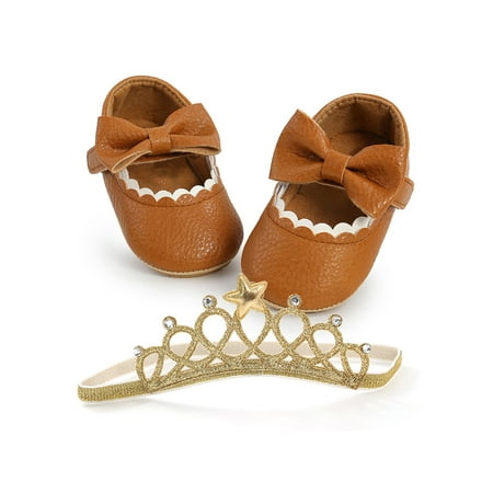 

Bellella Toddler Mary Jane Comfort Flats First Walkers Crib Shoes Fashion Princess Dress Shoe Party Wedding Brown Bow with Headband 5C