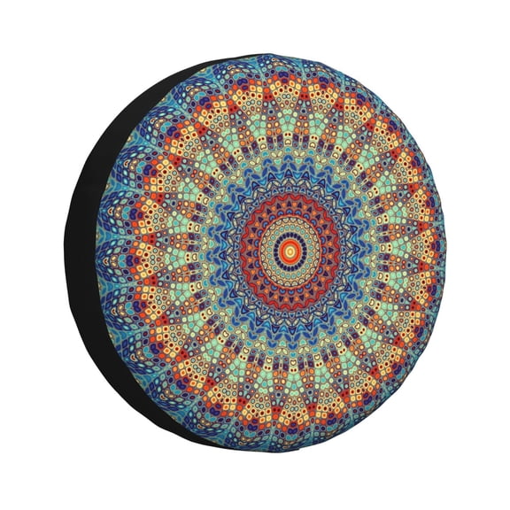 Fuzoiu Round Mandala Print Universal Spare Tire Cover with Buckle Strap, Waterproof Wheel Covers for Jeep, Trailer, RV, Truck and All Car-14 inch