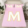 thumbnail image 3 of Feelyou Fashion Pink Stripes Twin Sheet Sets for Teen, Initial M Letter Twin Fitted Sheet, Cute Princess Cartoon Flat Sheet, Breathable Home Decor, 3pcs, 3 of 8