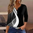 thumbnail image 3 of Womens Summer Tops 3/4 Length Sleeve Button Down Shirts Henley V Neck Striped Blouses Plus Size Trendy Comfy Tees 2025 Tunic Elbow Sleeve Print Blouse, 3 of 5